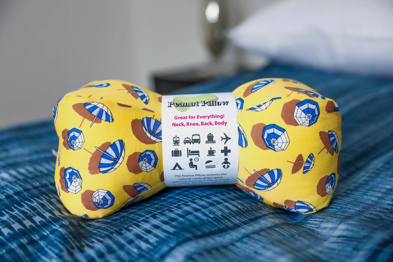 Peanut pillow in beach pattern.