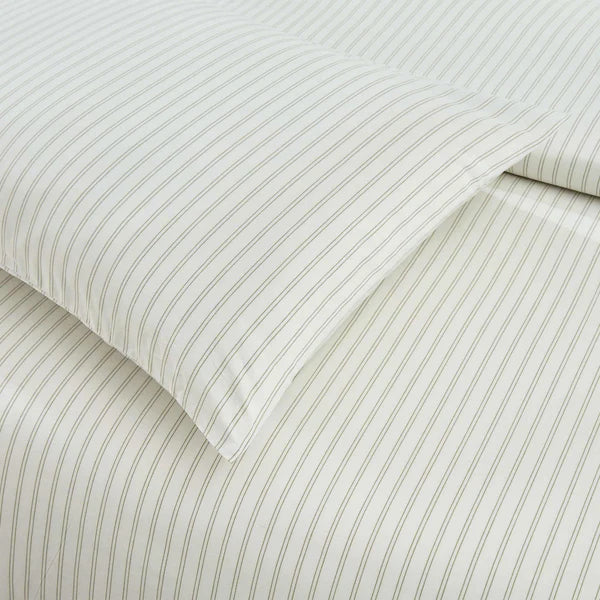 Close-up of striped Vale Green Duvet Cover Set in neutral colors