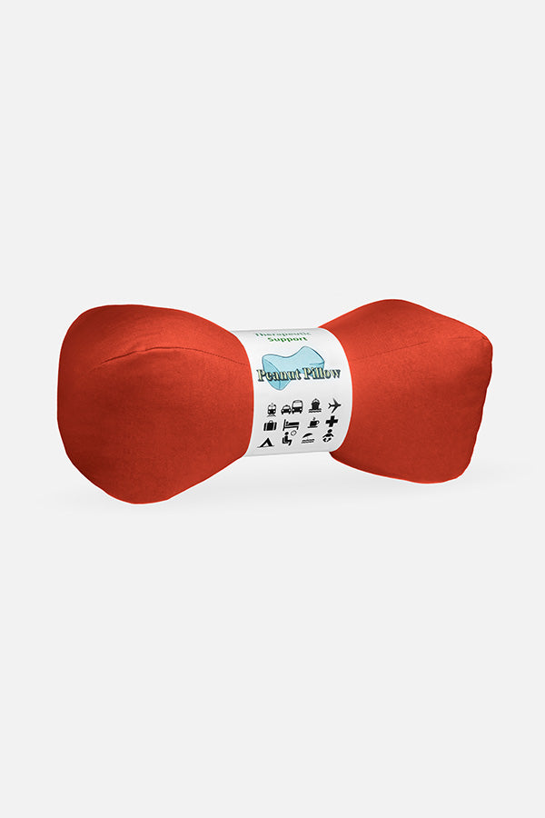 Tiny peanut neck therapeutic pillow in fire color.