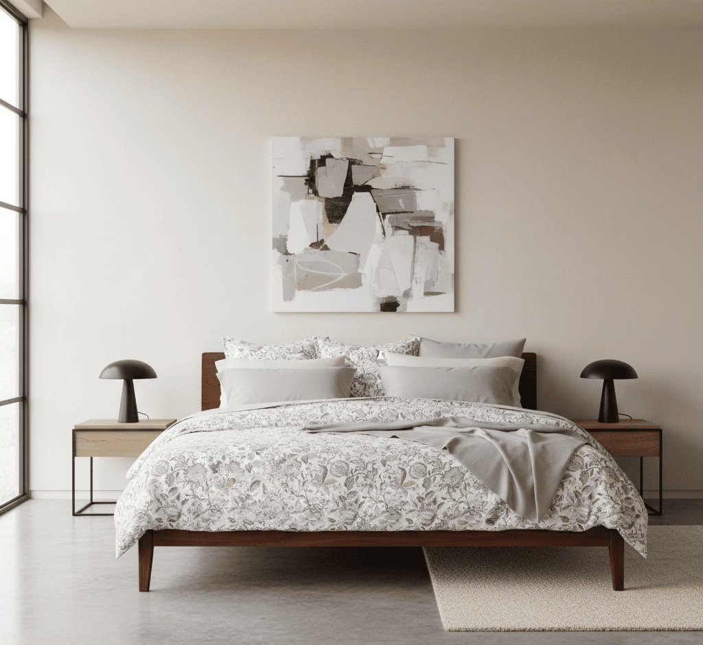 Modern bedroom with a bed with Inesa printed sateen shams, nightstands, and abstract art on the wall.