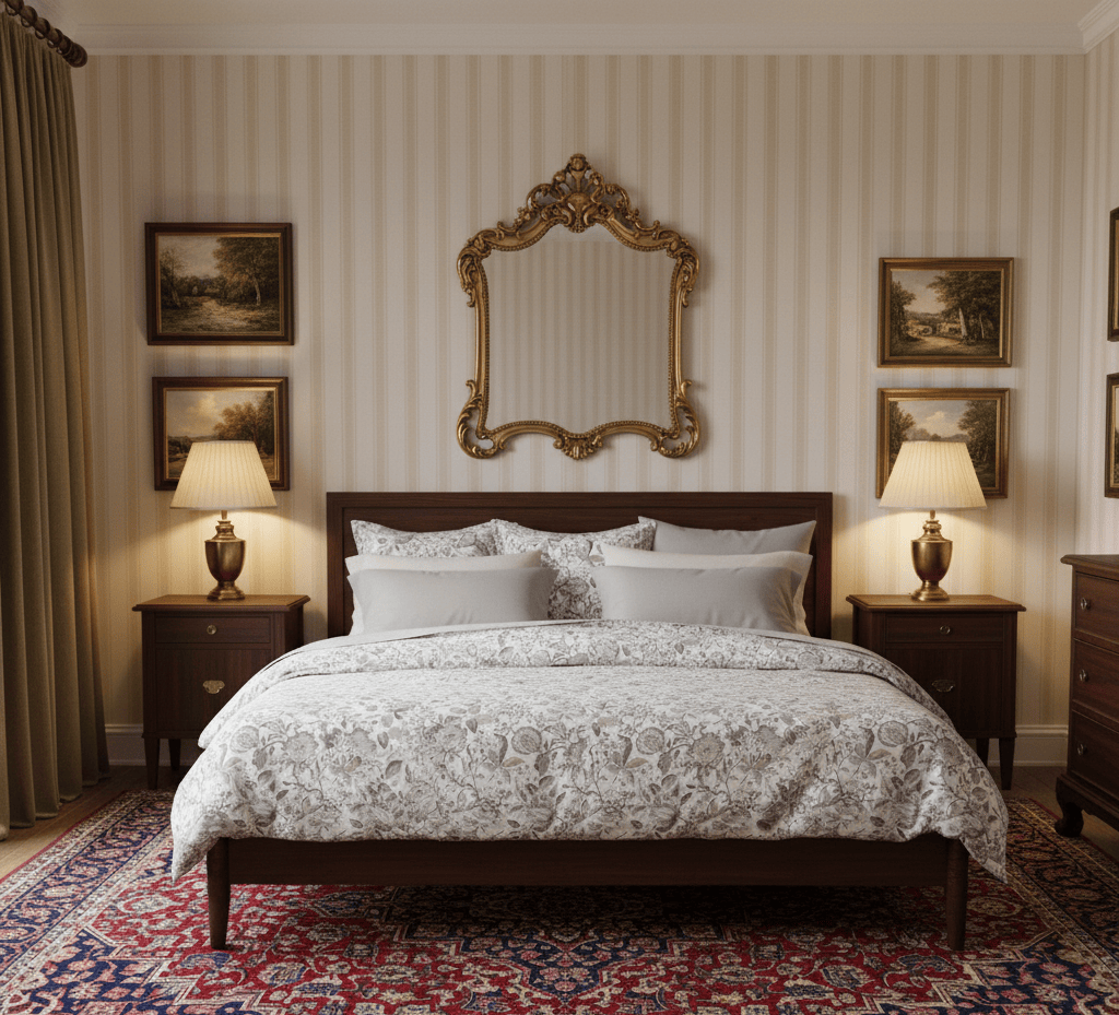 Decorative bedroom with a large mirror, bed with Inesa printed sateeen bedding and shams, lamps, and patterned rug.