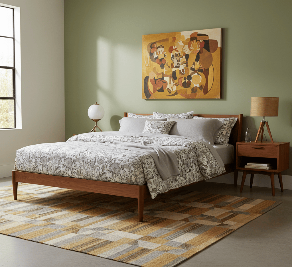 Bedroom with wooden bed, Inesa printed sateen duvet cover, and artwork on the wall.