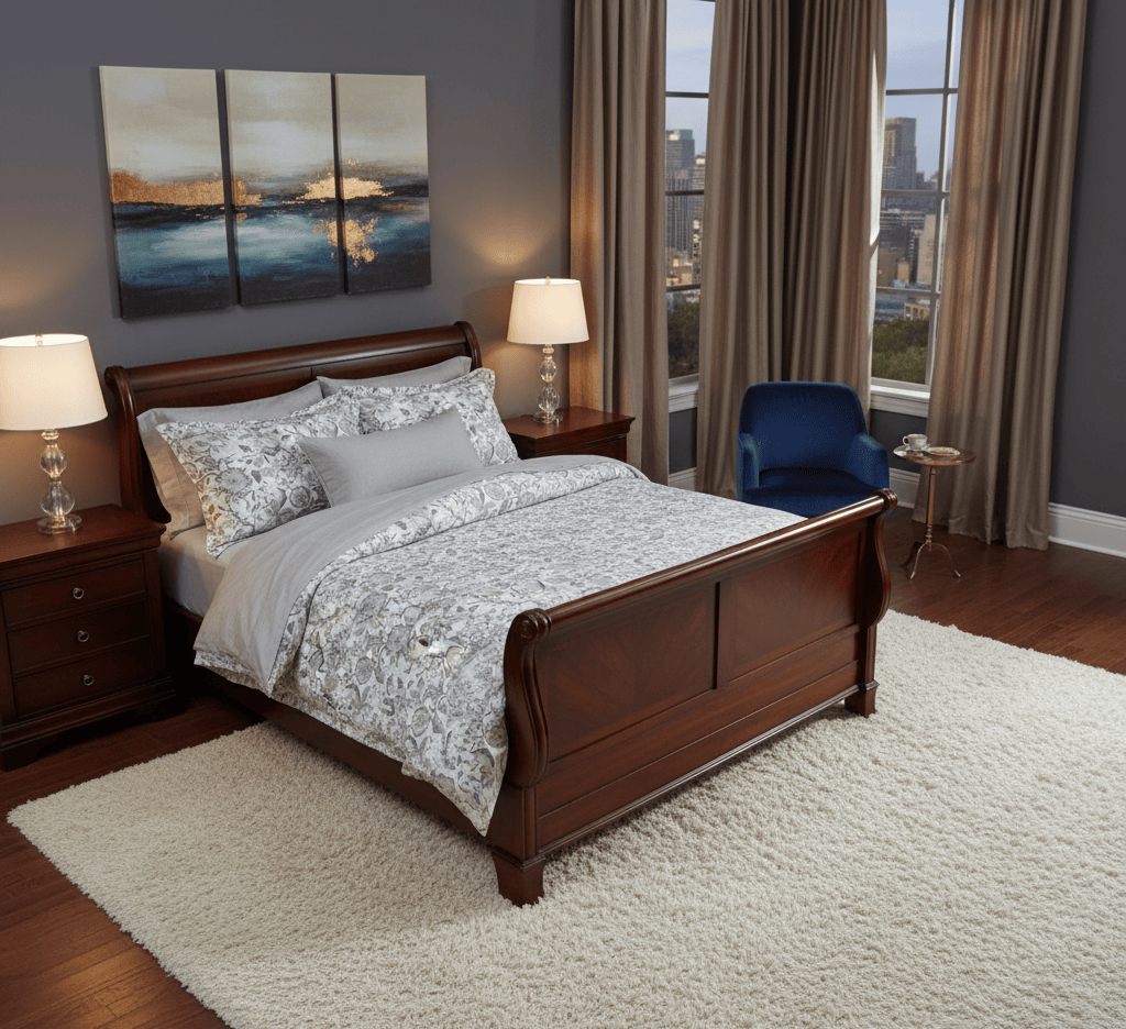 Bedroom with wooden sleigh bed, Inesa printed sateen bedding, and city view from window.