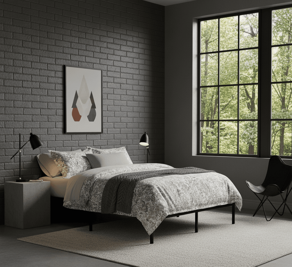 A bed in a modern bedroom with Inesa printed sateen bedding.