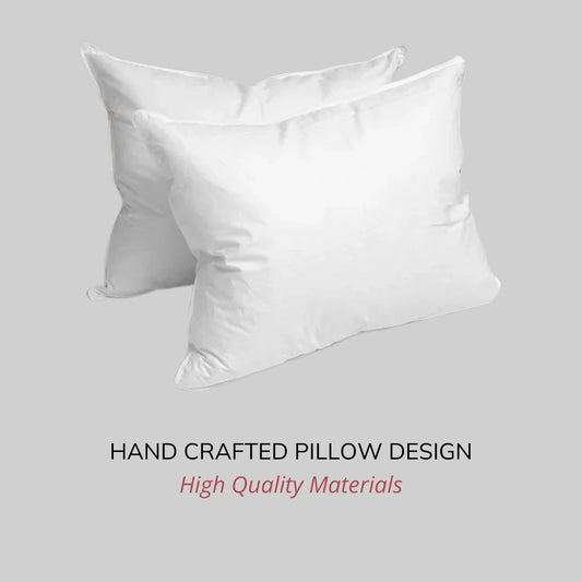 White Down Port-A-Bull Travel Pillow 14" x 18" on a gray background with text 'Hand Crafted Pillow Design' and 'High Quality Materials'.