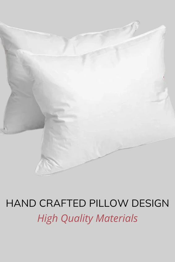 White Down Port-A-Bull Travel Pillow 14" x 18" on a gray background with text 'Hand Crafted Pillow Design' and 'High Quality Materials'.