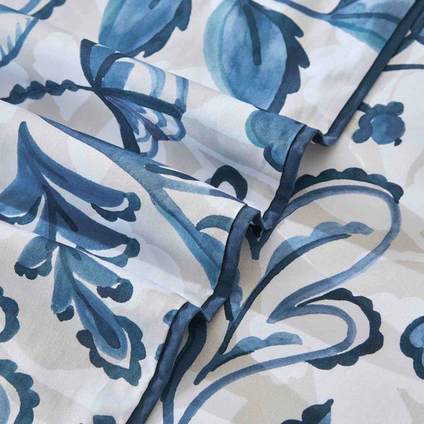 Close-up of blue and white patterned fabric of Canopy Duvet Cover Set
